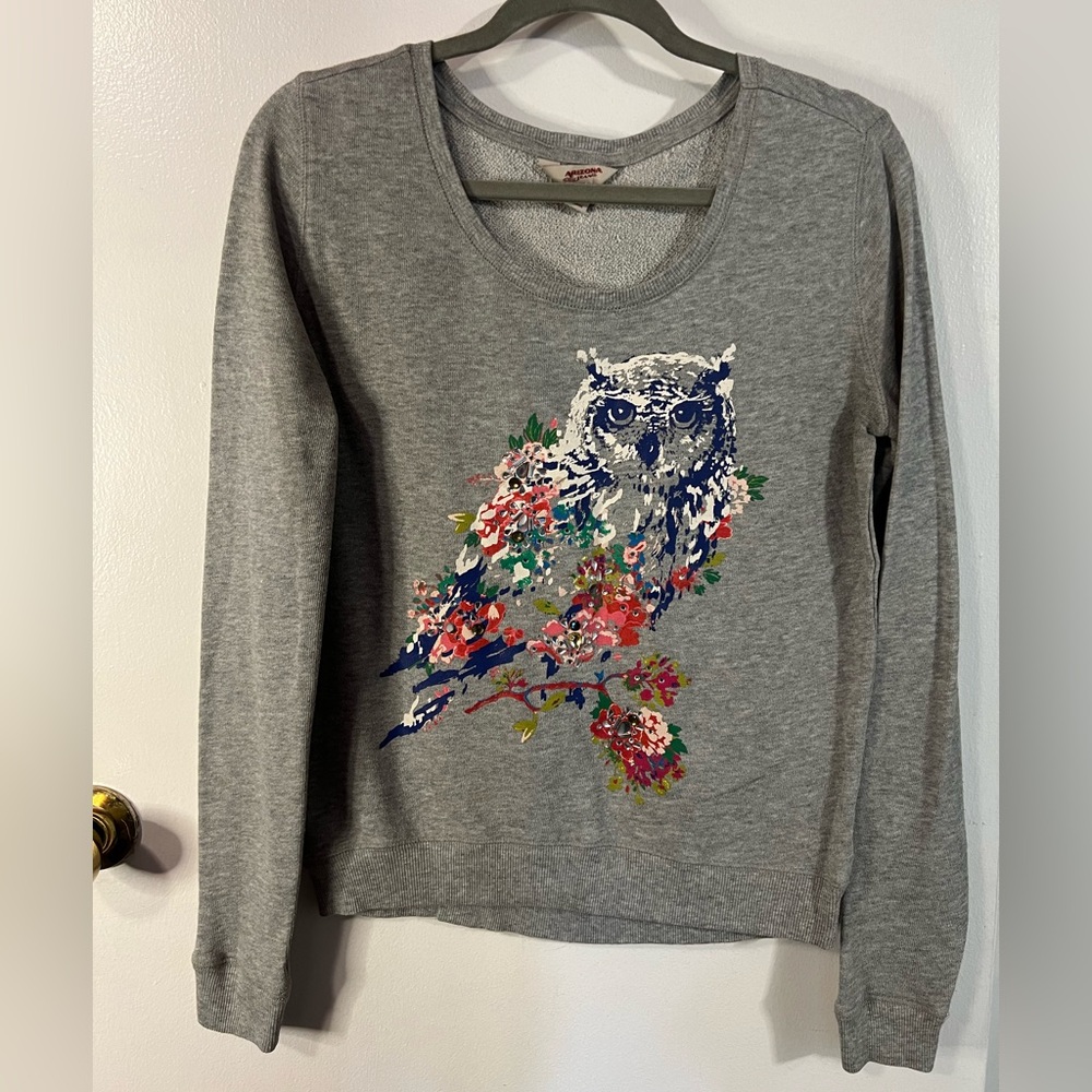 Arizona Jean Co. Gray Sweatshirt with Floral & Rhinestone Owl, Size M